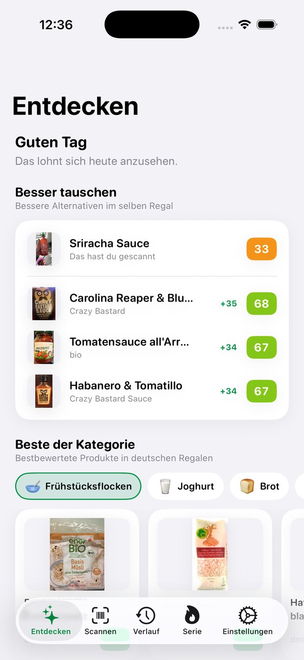 Der Entdecken-Tab schlägt drei besser bewertete Chilisaucen als die gescannte vor.