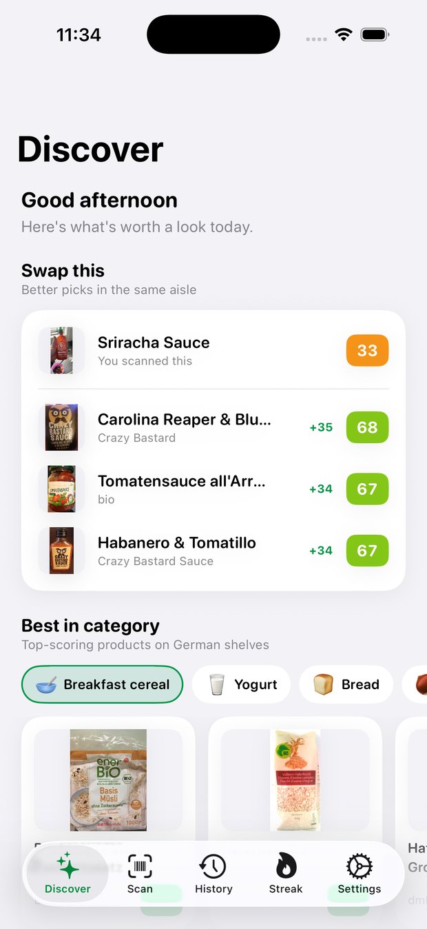 The Discover tab suggesting three better-scoring hot sauces than the one that was scanned.