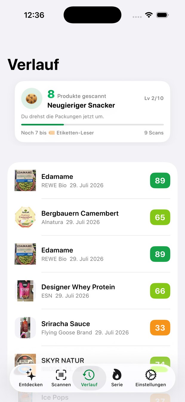 Der Verlauf mit einer Rangkarte: „Neugieriger Snacker“, Level 2 von 10.