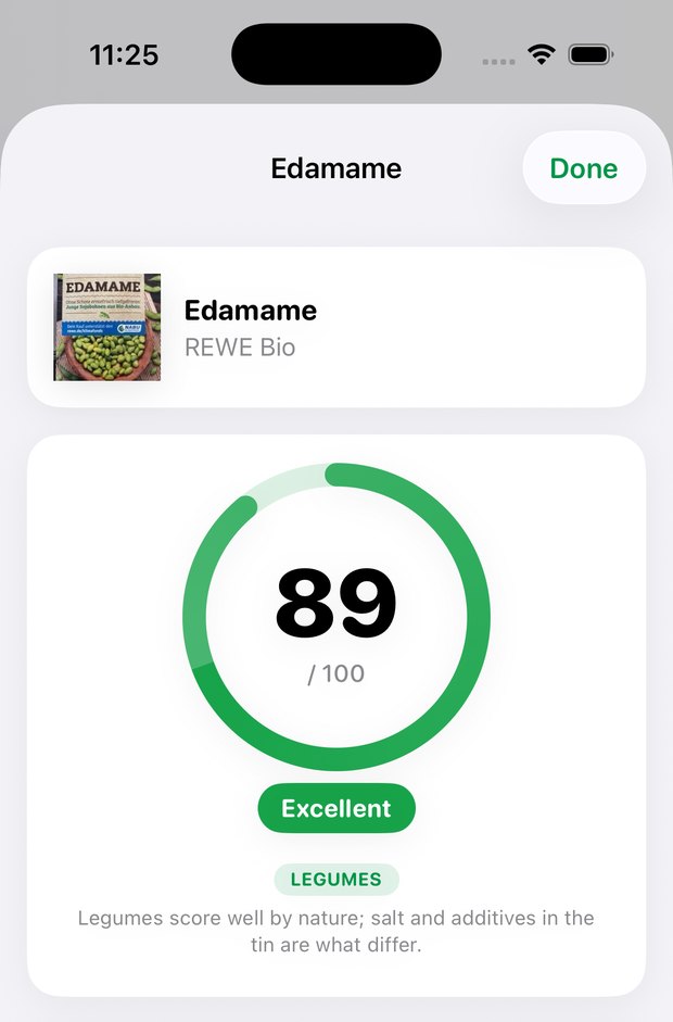 Frela showing a score of 89 out of 100 for organic edamame, rated Excellent in the legumes category.